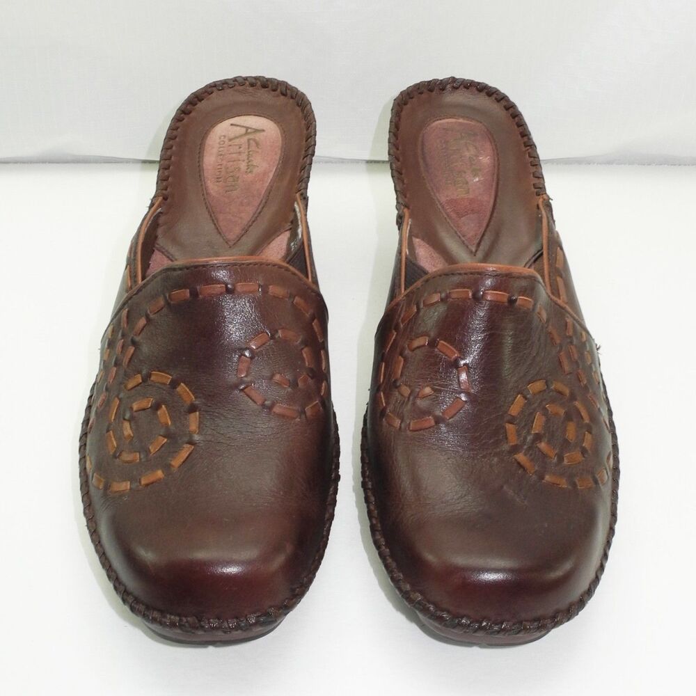 Clarks Artisan Wedge Heel Mules Women's 8.5 Brown Leather Decorative Stitching